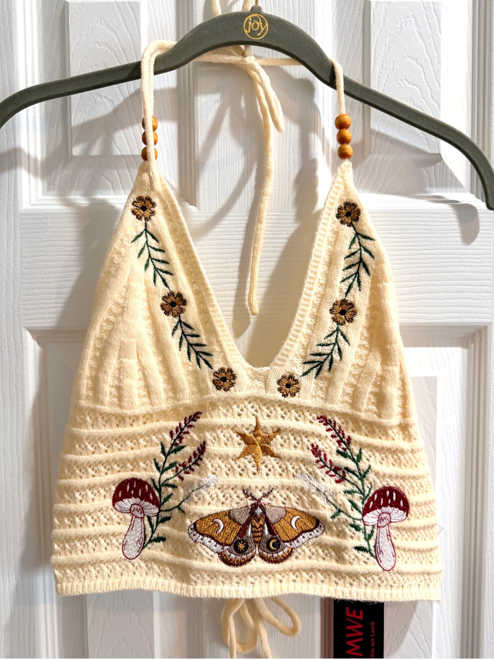 Cream Fairycore Embroidered Crochet Halter Crop Top w/Mushroom & Vine Design M - Picture 3 of 10